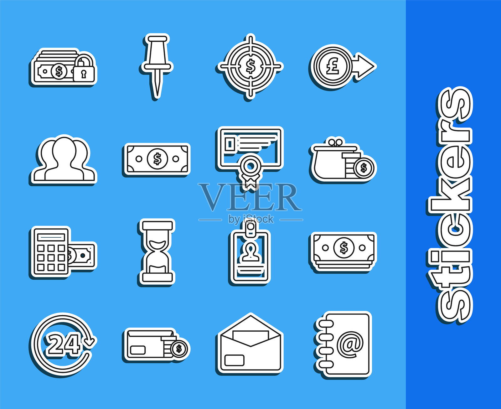 地址簿图标、叠放的纸币、装有硬币的钱包、目标美元符号、用户组、钱锁和证书模板图标。矢量图。插画图片素材