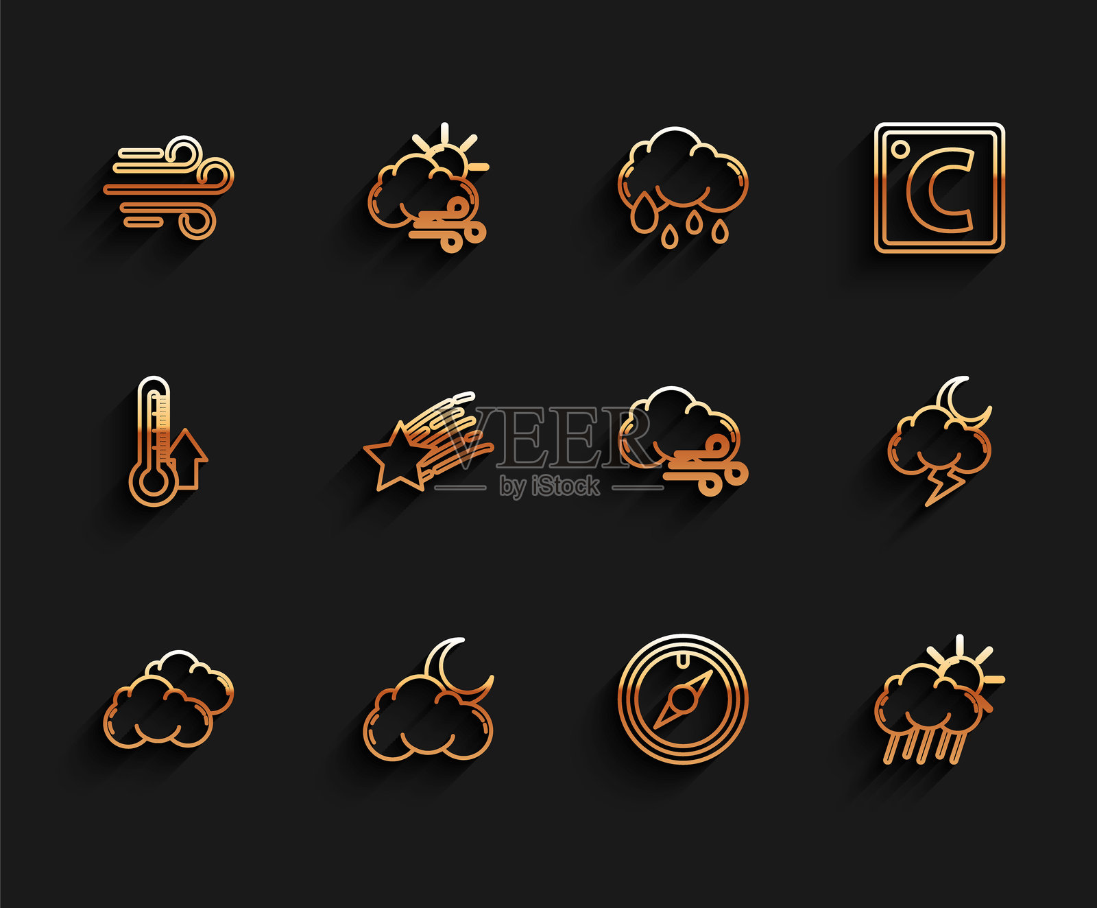 云彩、月亮和星星、风、玫瑰、雨、太阳、降落、风暴和多风天气图标。矢量图。插画图片素材
