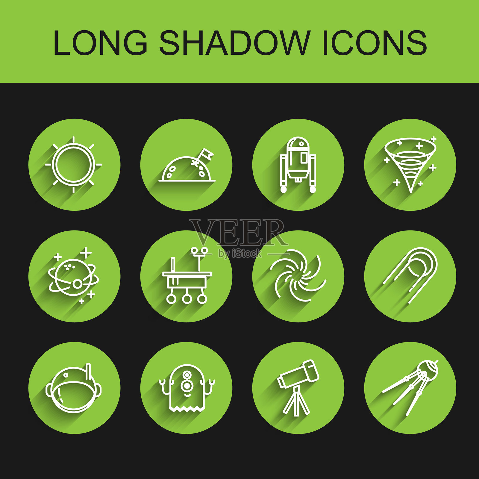 宇航员头盔、外星人、太阳、望远镜、卫星、火星探测器和黑洞图标。矢量图。插画图片素材