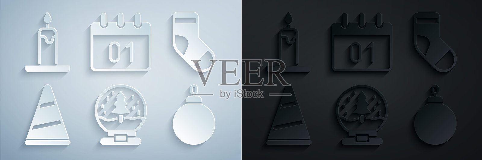 圣诞雪球、圣诞袜、派对帽、球、日历和燃烧的蜡烛图标。矢量图。插画图片素材