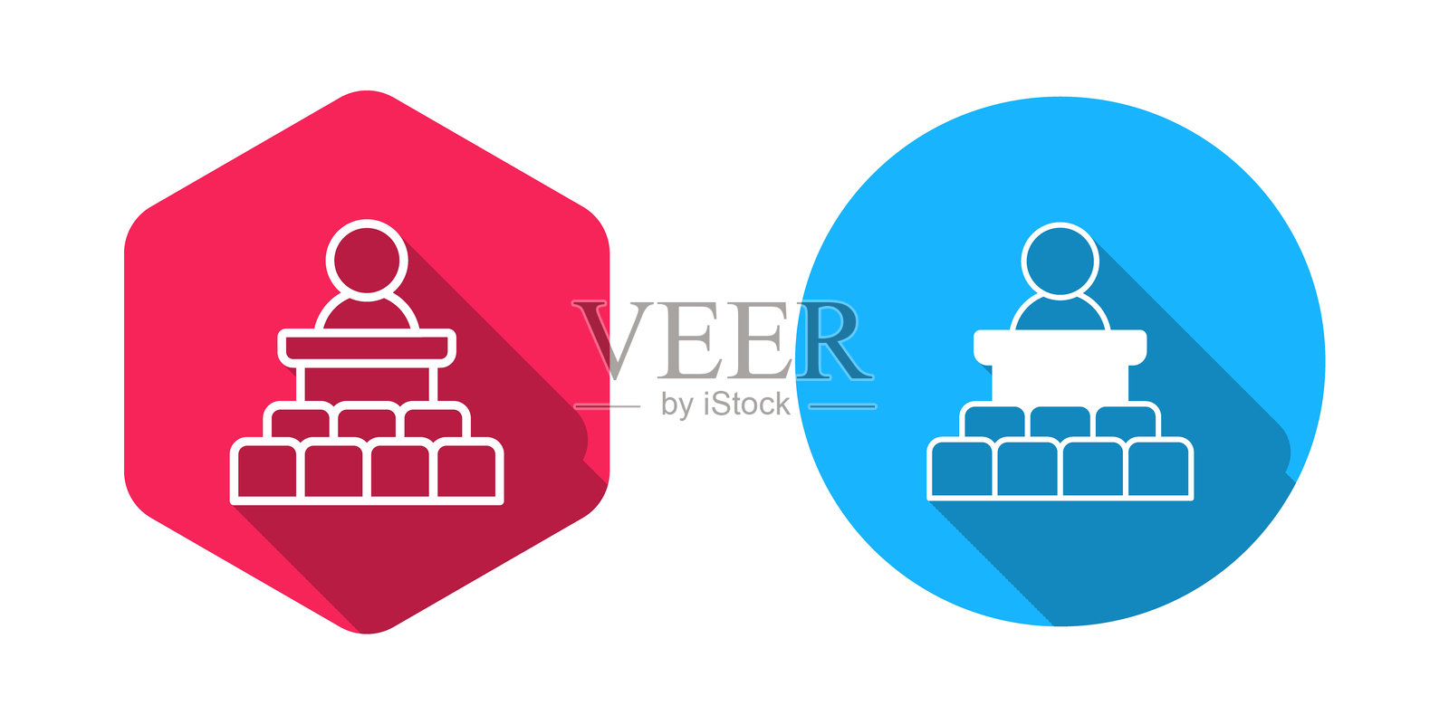 填充和轮廓的扬声器图标,带有长阴影背景。演讲者在讲台上发言。公众演讲。讲台上的人。矢量图。插画图片素材