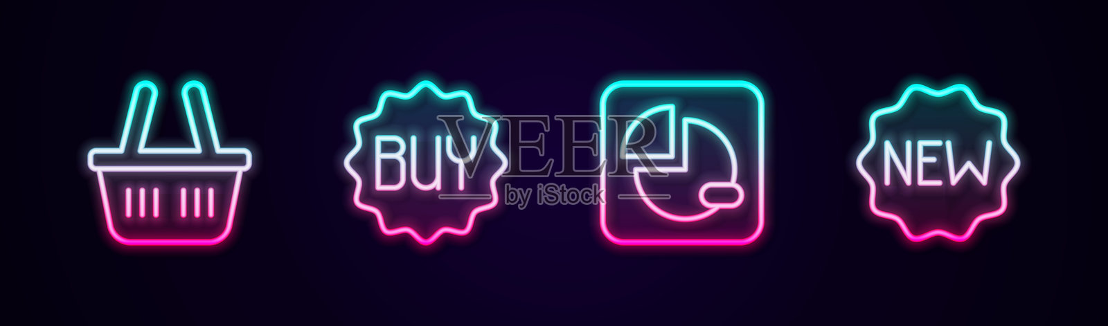 购物篮图标、购买按钮、饼图信息图和带有“新”的价格标签。发光的霓虹图标。矢量图。插画图片素材