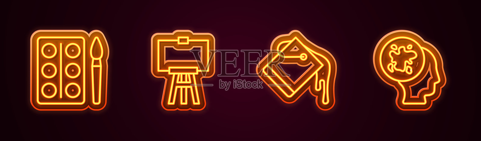 水彩颜料盒、木制画架、油漆桶和喷雾。发光的霓虹图标。矢量图。插画图片素材