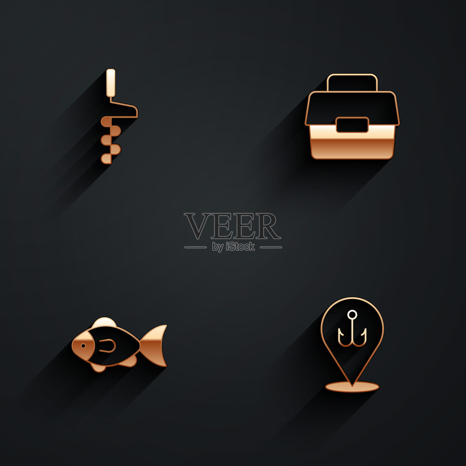 手动冰钻,钓鱼用的箱子或盒子,鱼和钓钩图标,带长阴影。矢量图。插画图片素材