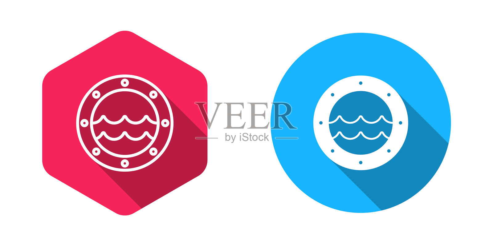 带铆钉的船舷窗内外景色的填充和轮廓图标,带有长阴影背景。矢量图。插画图片素材