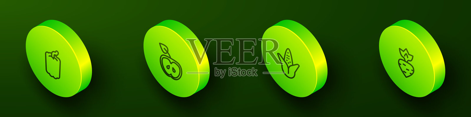 等距线风格的甜椒、苹果、玉米和萝卜图标。矢量图。插画图片素材