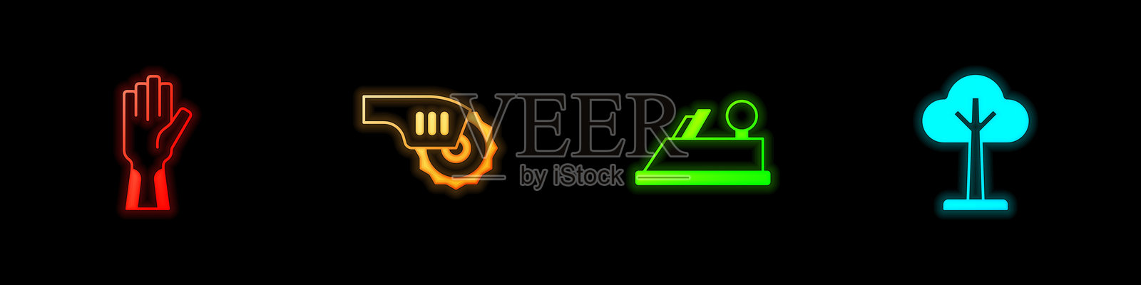 保护手套、电动圆锯、木工刨工具和树木图标。矢量图。插画图片素材