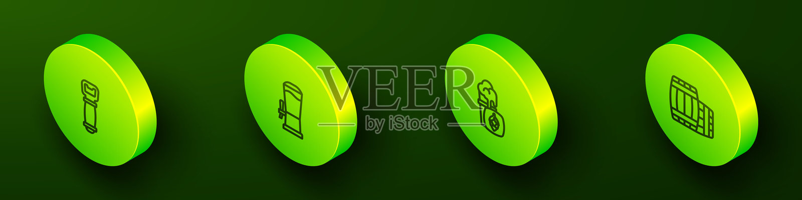 等距线瓶起子、啤酒龙头、啤酒杯和木桶图标。矢量图。插画图片素材