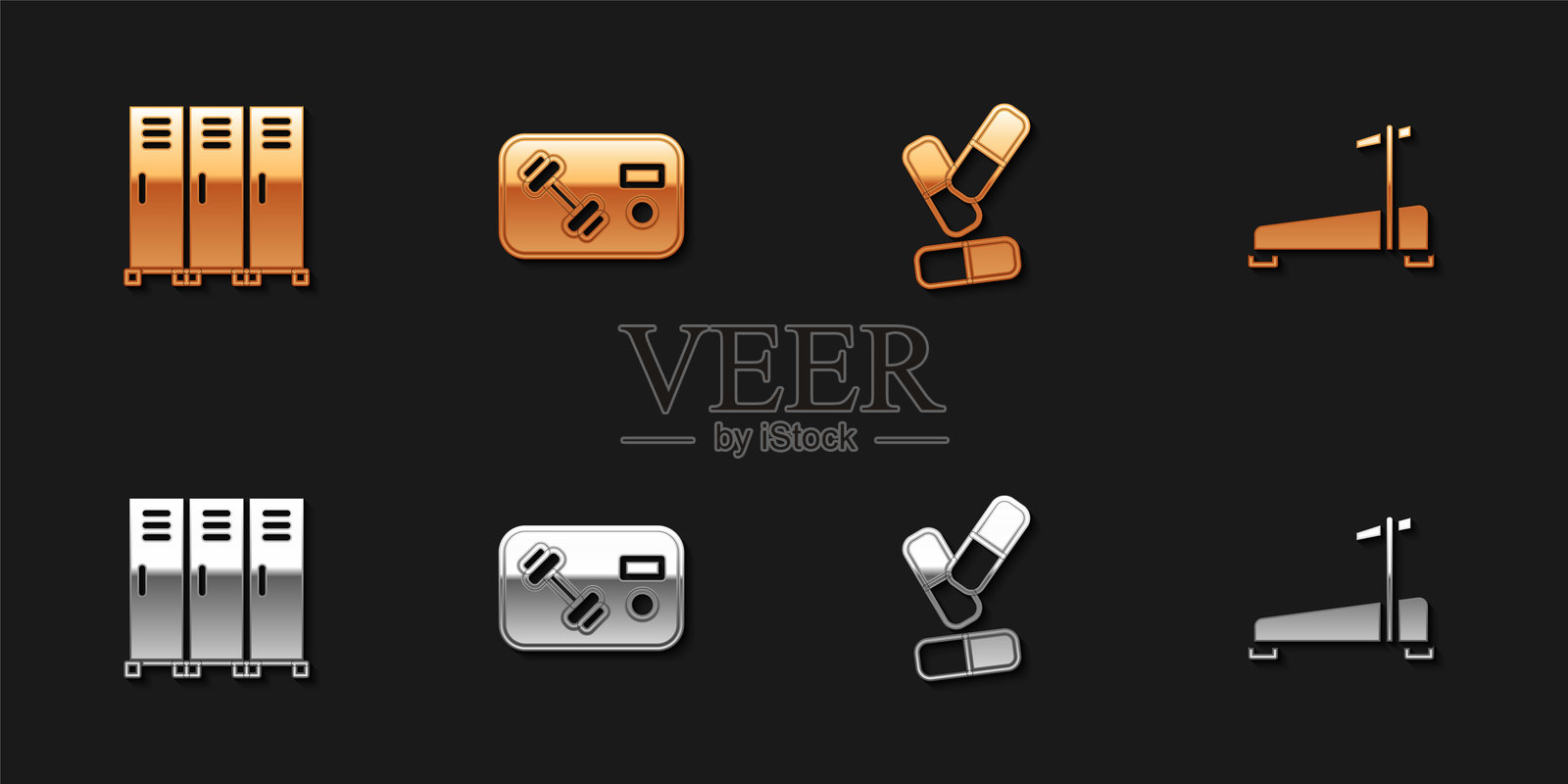 健身俱乐部的储物柜或更衣室,健身卡,维生素药丸和跑步机图标。矢量图。插画图片素材