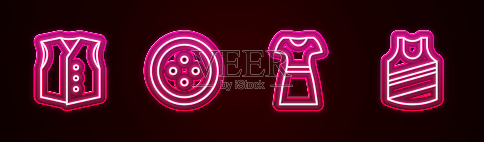 发光霓虹图标:西装背心、缝纫衣服的纽扣、女装和内衣。矢量图。插画图片素材