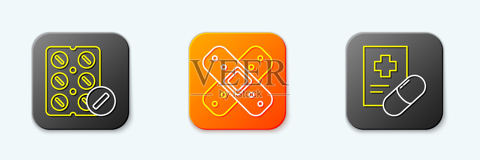 药片泡罩包装、交叉绷带创可贴和医疗处方图标。矢量图。插画图片素材