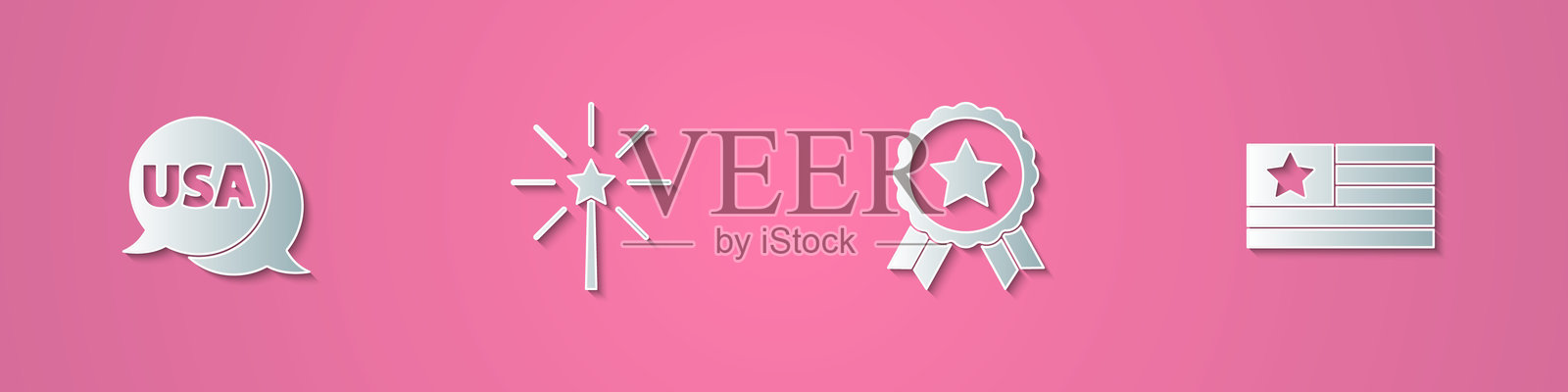 剪纸风格的美国标签,烟花,带星星的奖牌和美国国旗图标。矢量图。插画图片素材