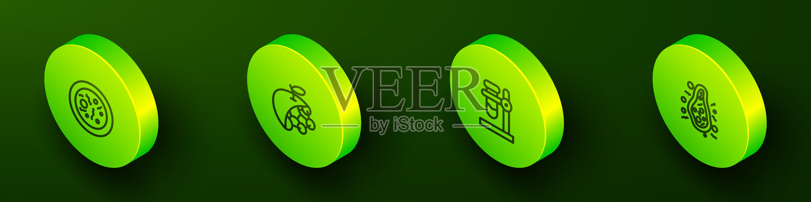 等距线条的培养皿与细菌、生物结构、支架上的试管和细菌图标。矢量图。插画图片素材