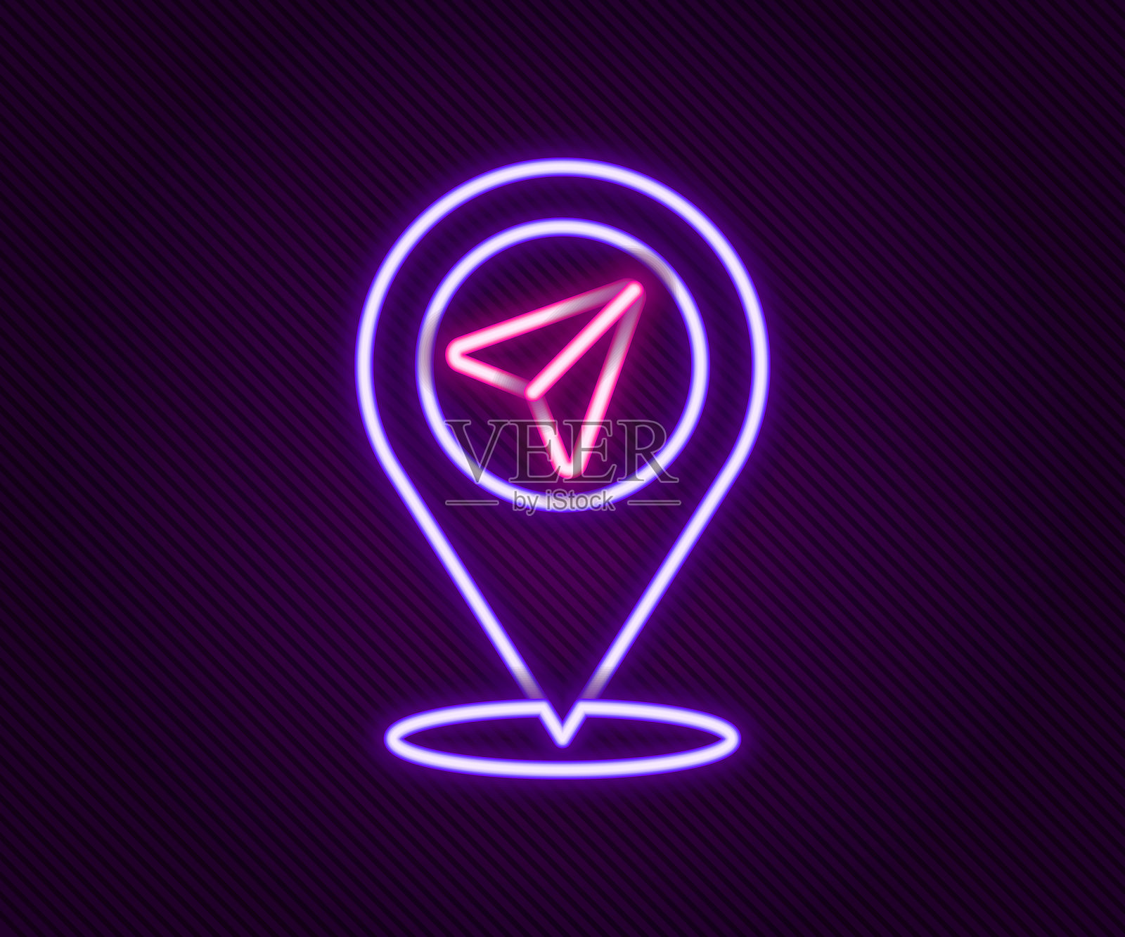 发光的霓虹线地图图钉图标,背景为黑色。导航、指针、位置、地图、GPS、方向、地点、指南针、搜索概念。彩色轮廓概念。矢量图。插画图片素材