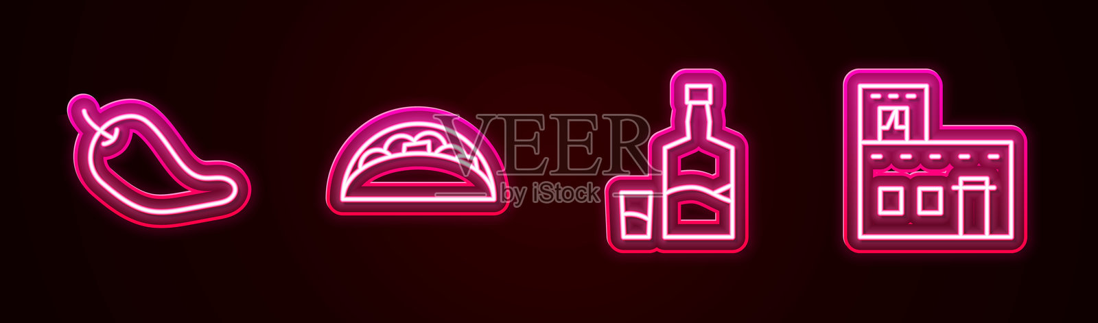 热辣椒荚、玉米饼塔可、龙舌兰酒瓶和酒杯以及墨西哥房屋。发光的霓虹图标。矢量图。插画图片素材