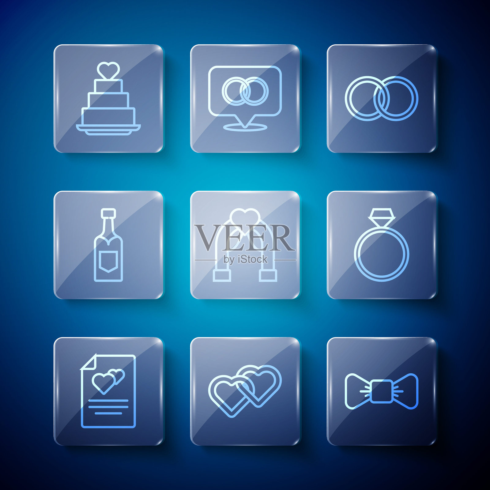 设置线条贺卡,两个相连的心,领结,婚戒,拱门,香槟瓶,带心形的蛋糕和钻石订婚图标。矢量图。插画图片素材