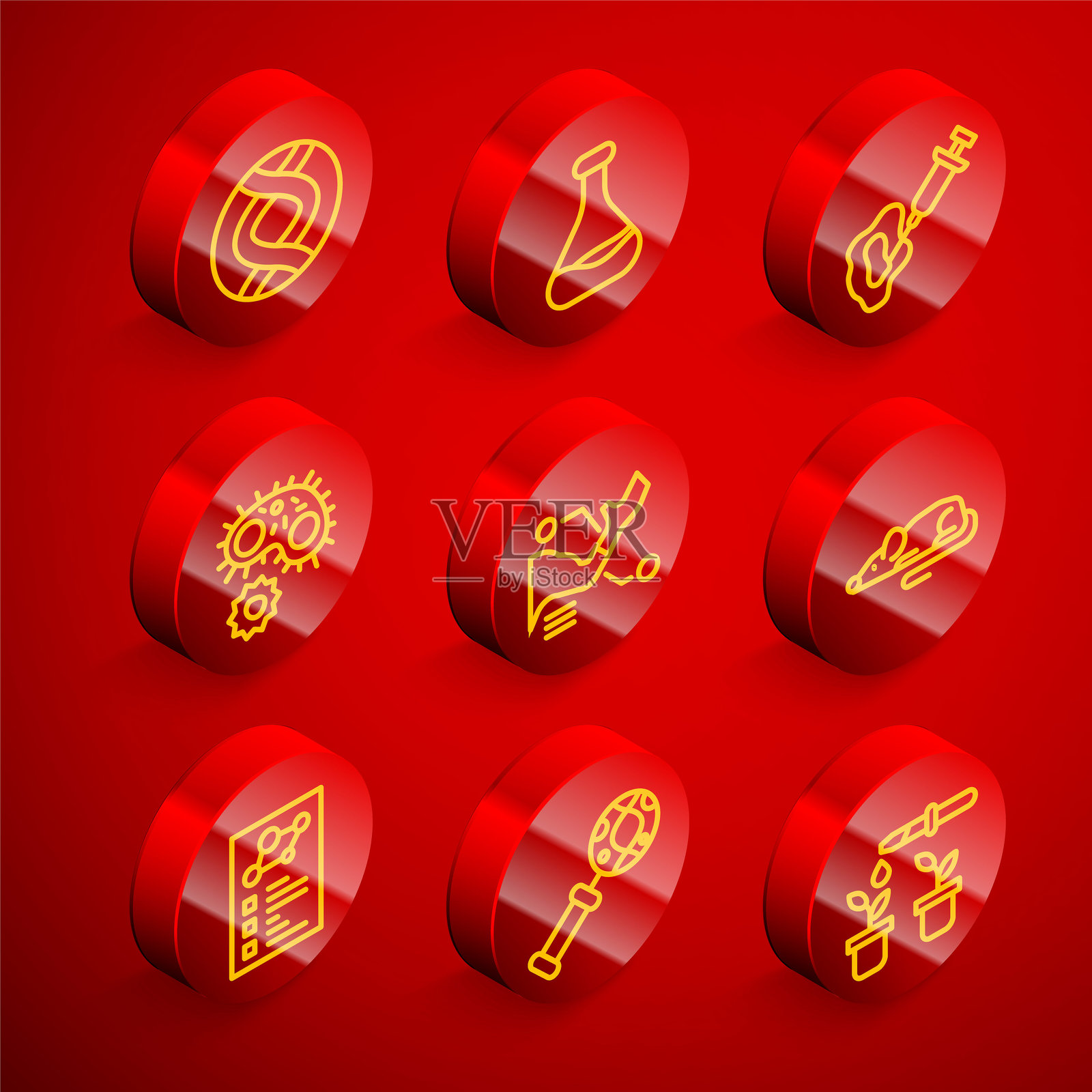 DNA符号、试管和烧瓶、注射器、病毒、假肢手、实验鼠、临床记录和研究、搜索图标。矢量图。插画图片素材