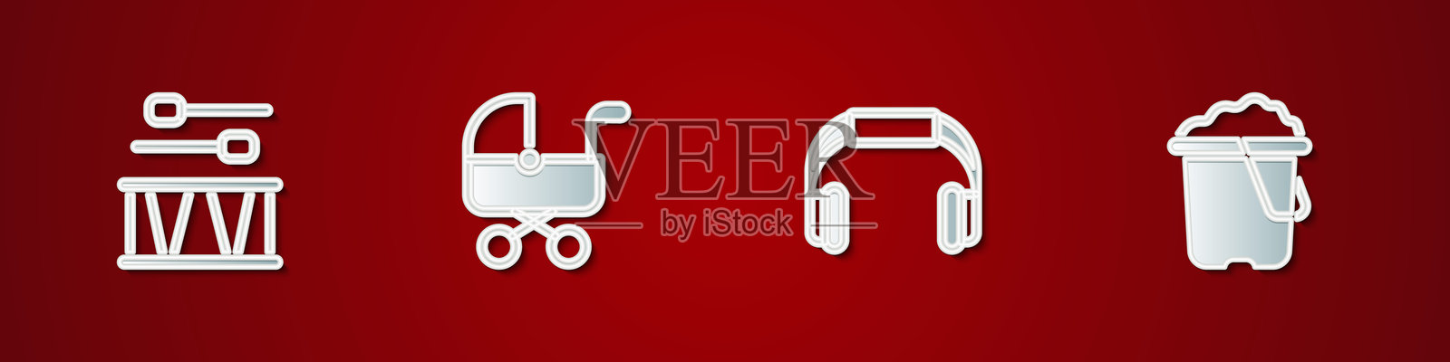 鼓和鼓棒、婴儿推车、耳机和沙子桶图标。矢量图。插画图片素材