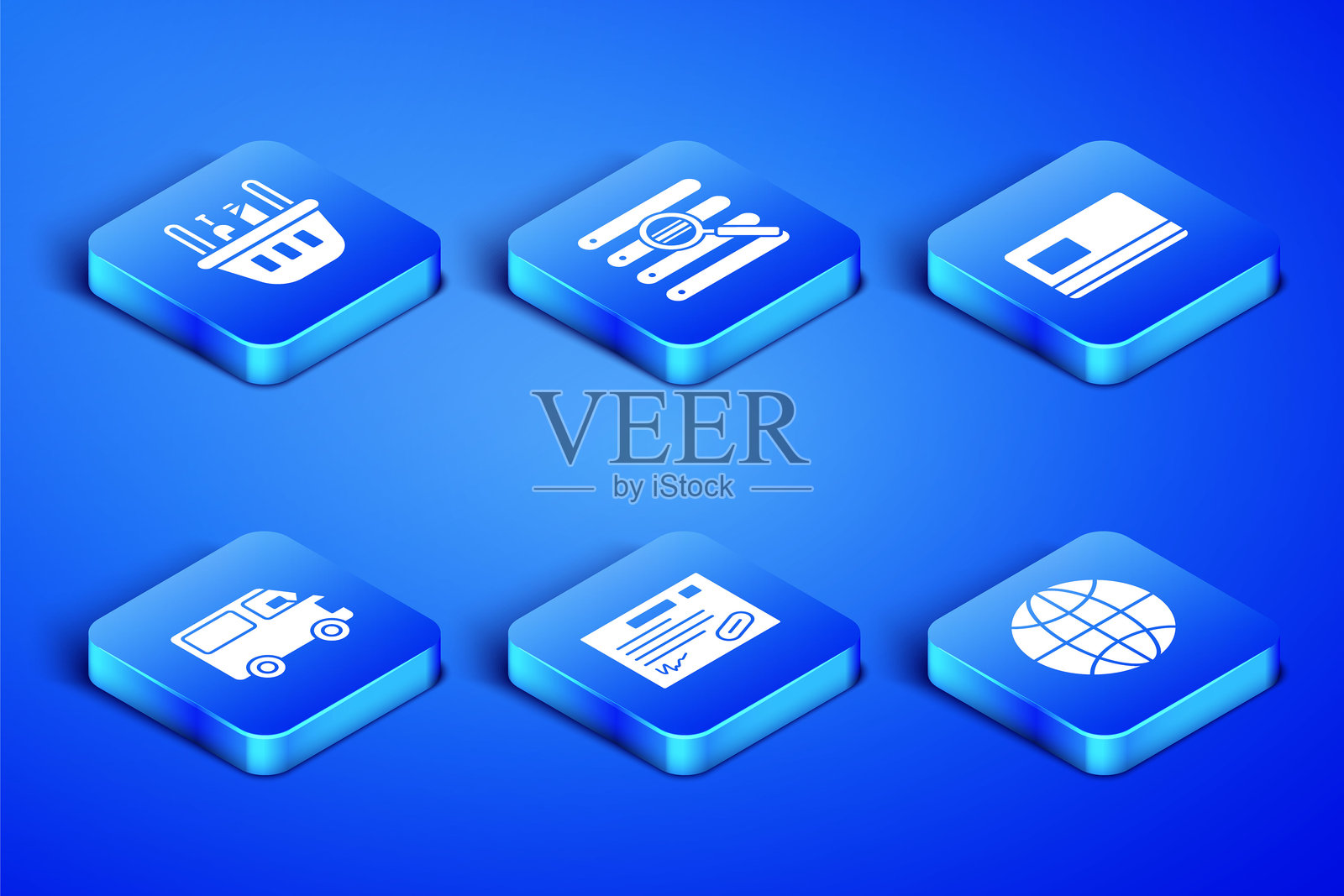 全球购物篮和食品,保修证书模板,送货货车,搜索浏览器窗口和信用卡图标。矢量图。插画图片素材