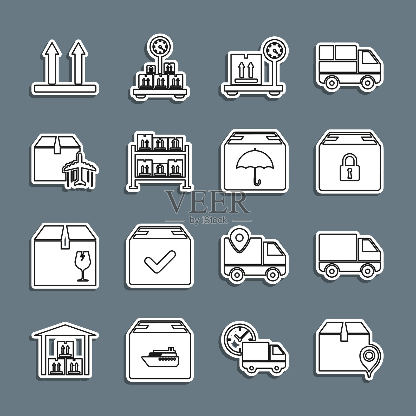 设置线条位置,包含纸箱、送货货车、锁定包裹、秤、仓库、飞机,以及“此面朝上”和伞图标。矢量图。插画图片素材