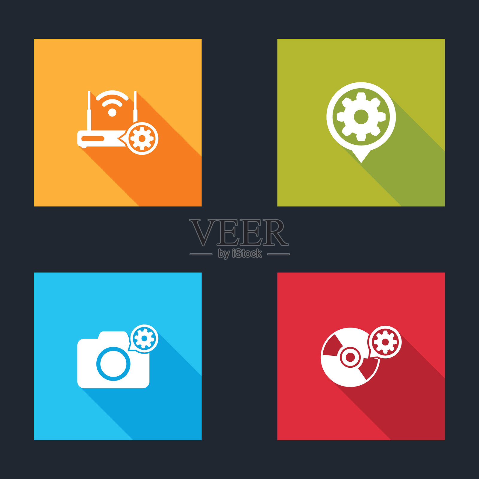 设置路由器和Wi-Fi设置,设置,照相机和CD或DVD光盘图标。矢量图。插画图片素材