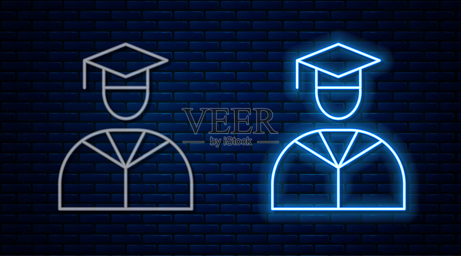 发光的霓虹线毕业生和毕业帽图标,背景为砖墙。矢量图插画图片素材