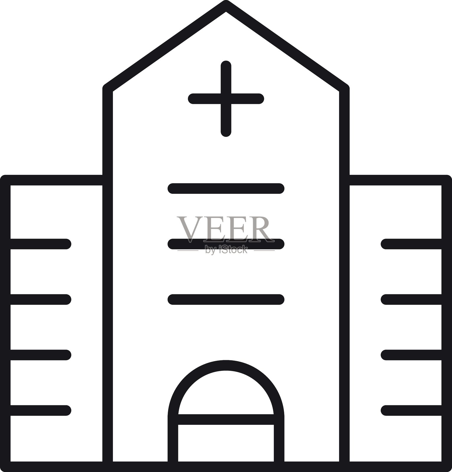 简单的教堂建筑轮廓图,顶部有十字架符号,采用细线风格。插画图片素材