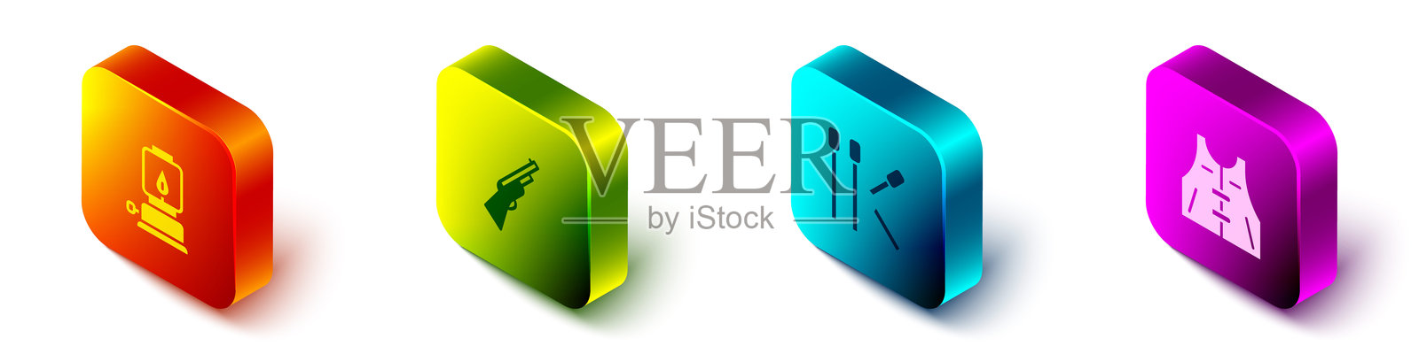 等距露营灯、猎枪、火柴和夹克图标。矢量图。插画图片素材