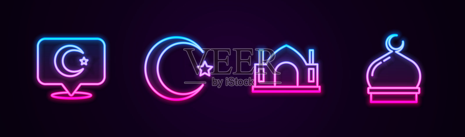 星月标志,印度教灵性寺庙和穆斯林清真寺。发光的霓虹图标。矢量图。插画图片素材