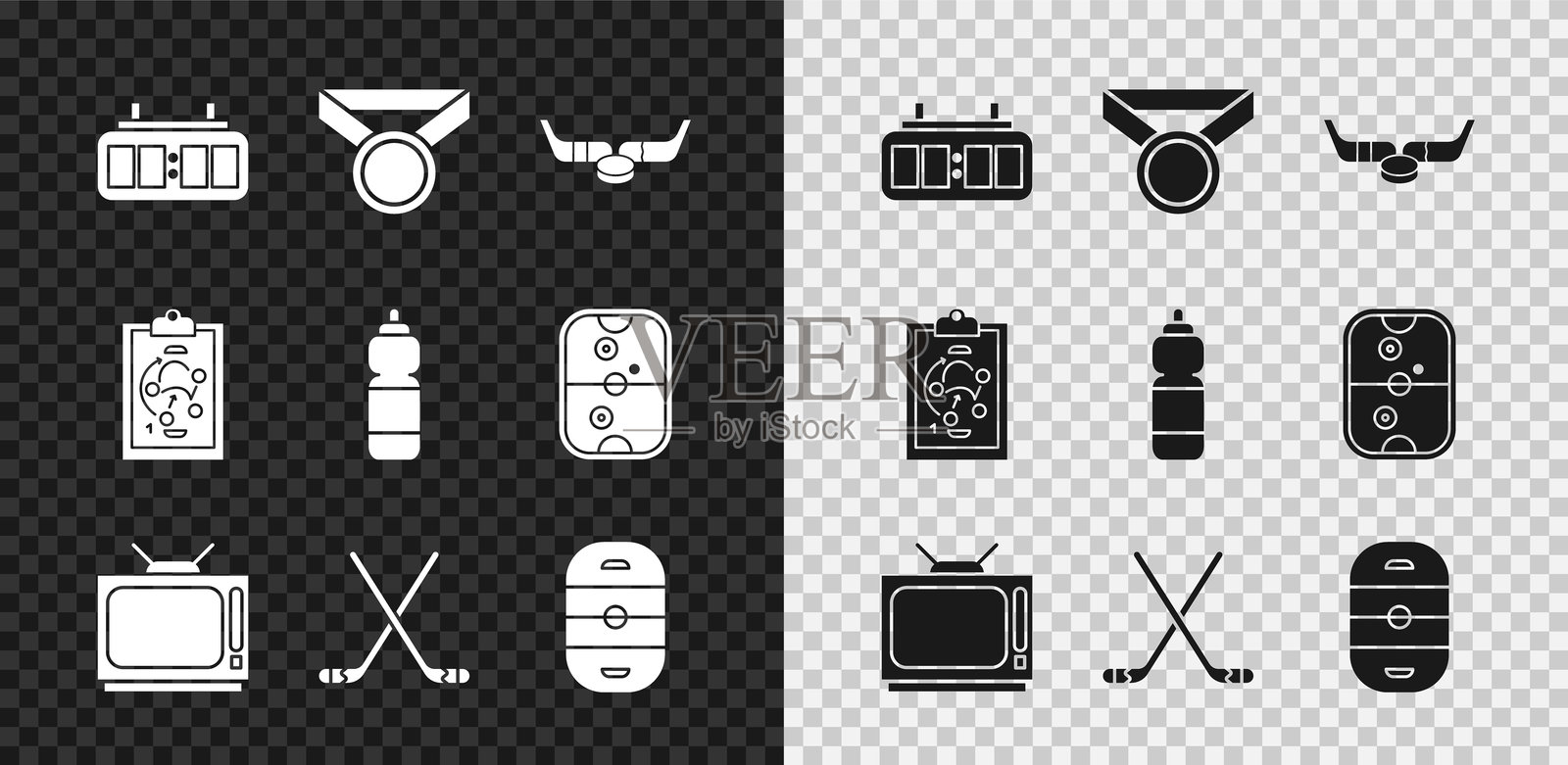 冰球机械记分板、奖牌、冰球棒和冰球、复古电视、冰场、策划策略和健身摇摇杯图标。矢量图。插画图片素材