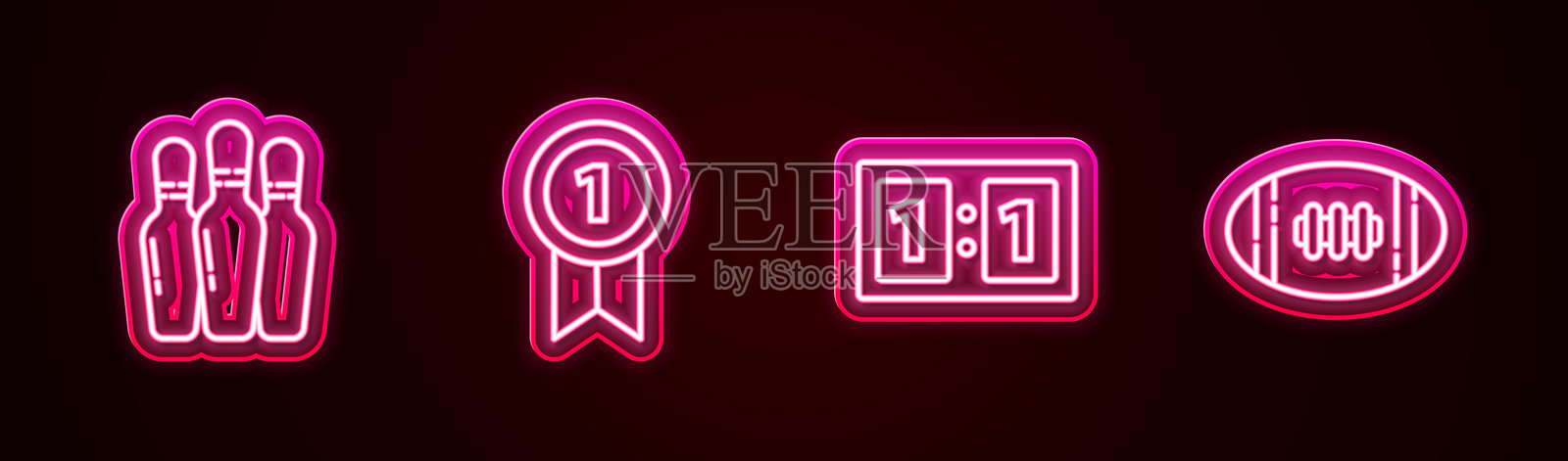 保龄球瓶、奖牌、运动机械记分牌和美式足球。发光霓虹图标。矢量图。插画图片素材