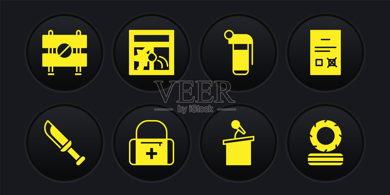 军事刀具、投票文件、急救包、舞台支架或讲台、手榴弹、破碎的窗户、躺着的燃烧轮胎和道路障碍图标。矢量图。插画图片素材