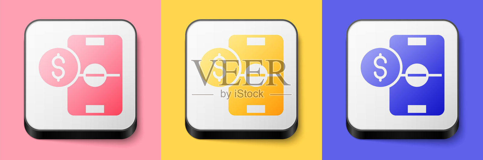 等距足球博彩金钱图标,背景为粉色、黄色和蓝色。足球投注博彩公司。在线足球博彩赚钱。方形按钮。矢量图。插画图片素材