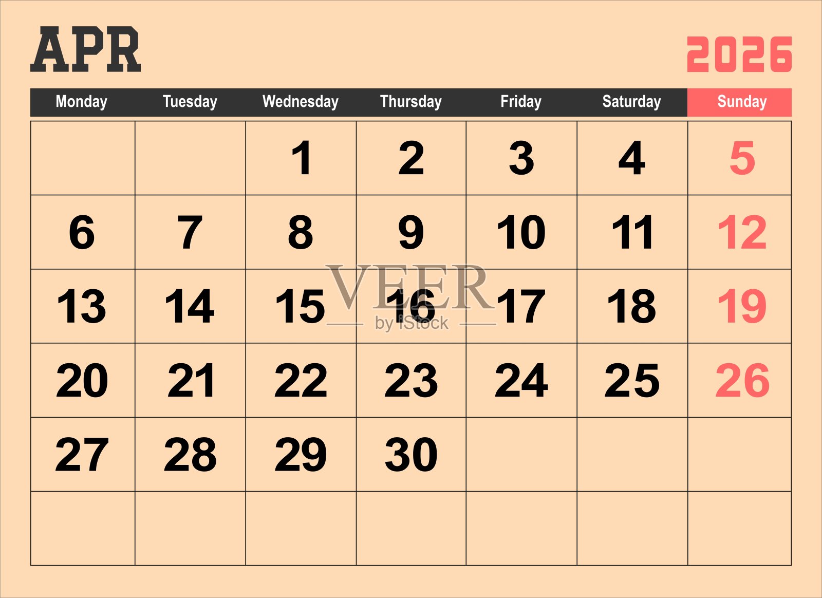 2026年日历页面设计矢量插图。周一开始的一周插画图片素材