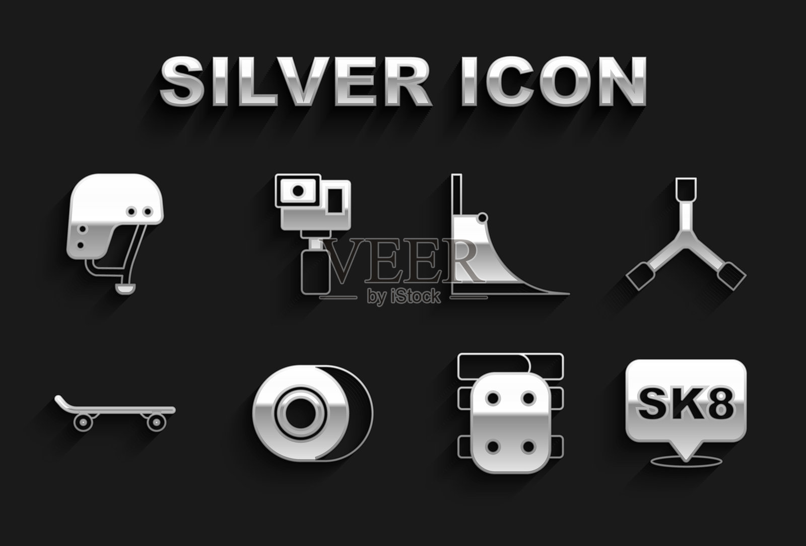 滑板轮子、Y型工具、护膝、滑板公园、头盔和运动相机图标。矢量图。插画图片素材