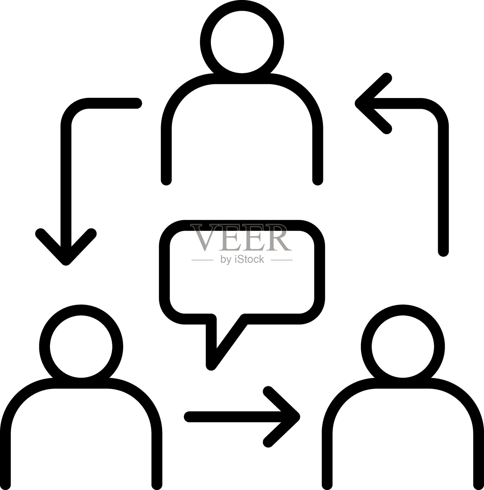 图标:以细线风格展示的沟通流程,包含相互连接的人物和对话气泡。插画图片素材