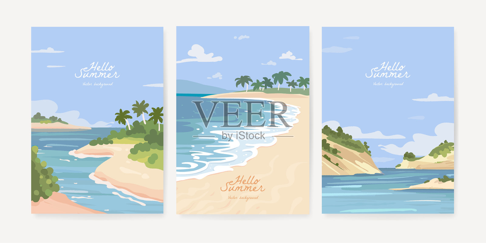 美丽的横幅、海报或贺卡设计模板,背景为沙滩夏日。自然风景背景集。插画图片素材