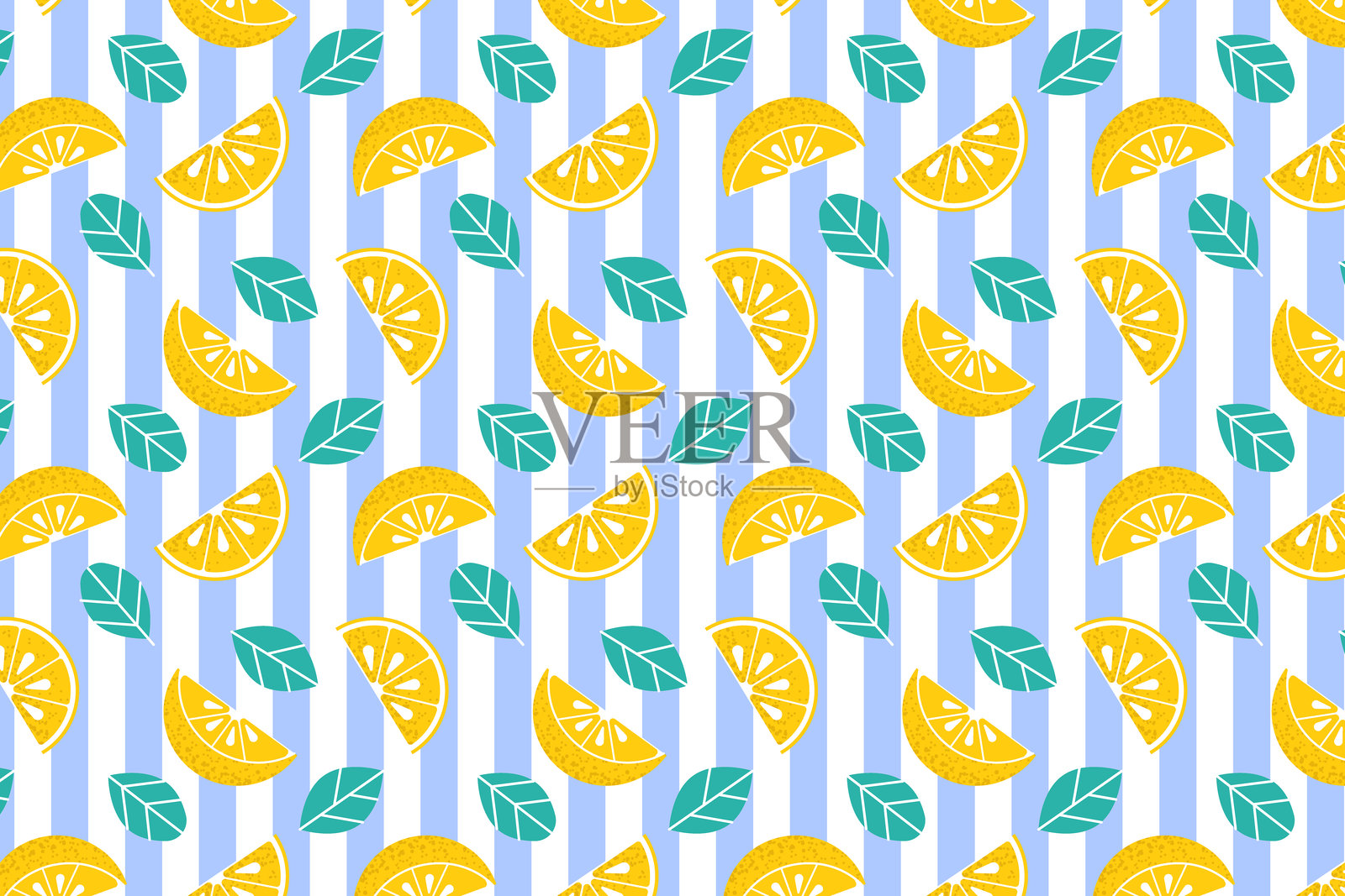 热带水果夏季柠檬片无缝图案,背景中有明亮的黄色柠檬片、热带叶子和多汁的柑橘质感。插画图片素材