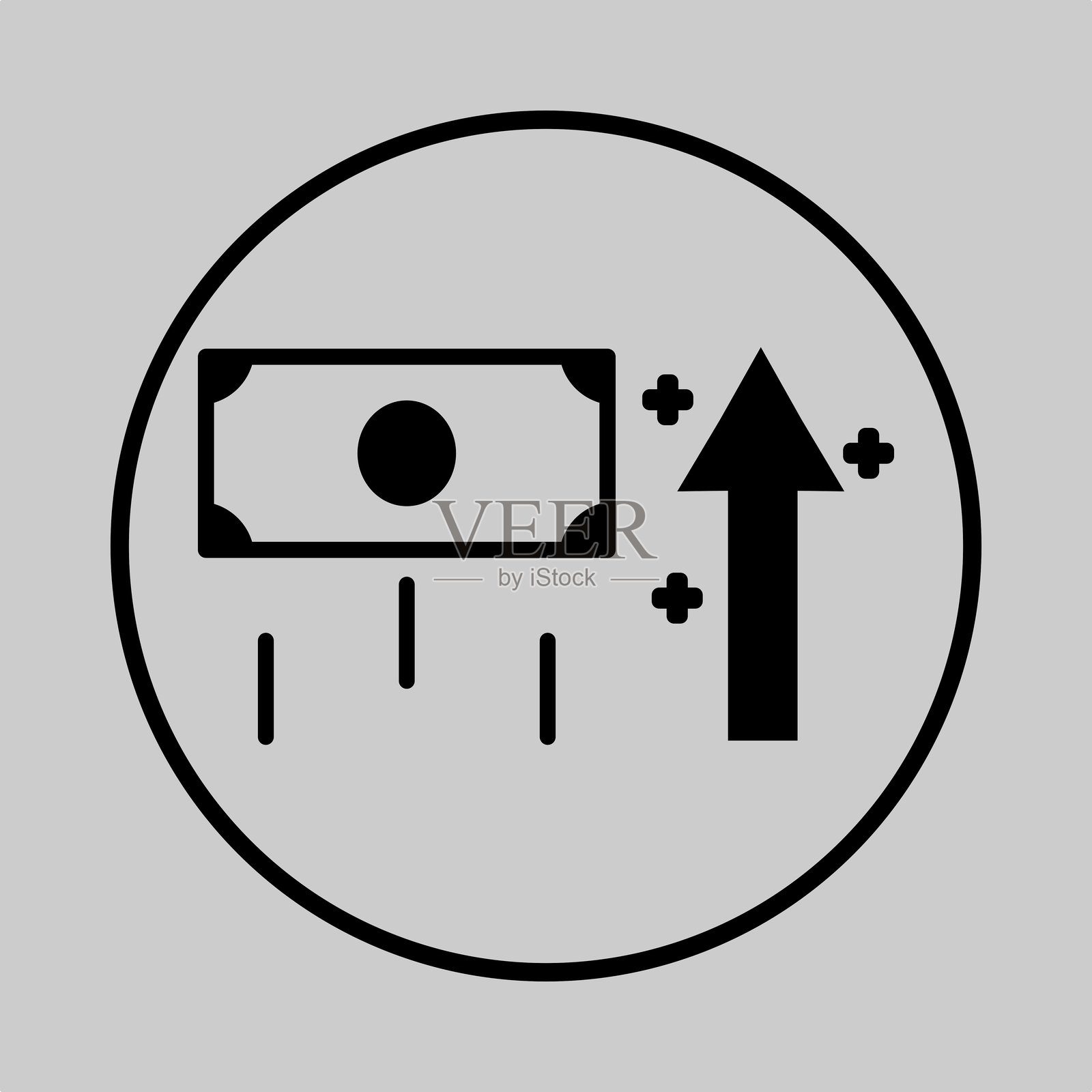 轮廓化的金钱图标和代表收入增加的箭头。插画图片素材