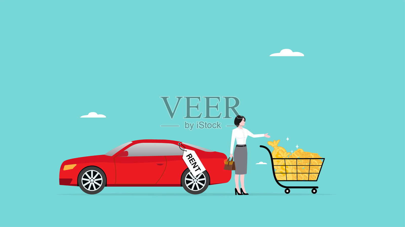 租车业务赚钱,女商人站在她的租车旁边,购物篮里装满了硬币。插画图片素材