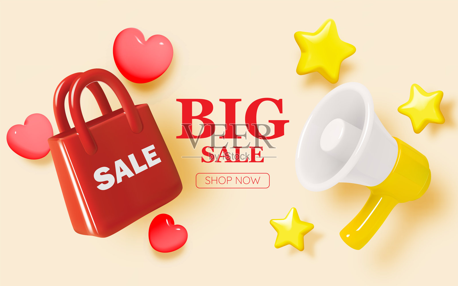 闪购提醒,配有扩音器和购物袋,采用大胆的3D极简风格设计插画图片素材