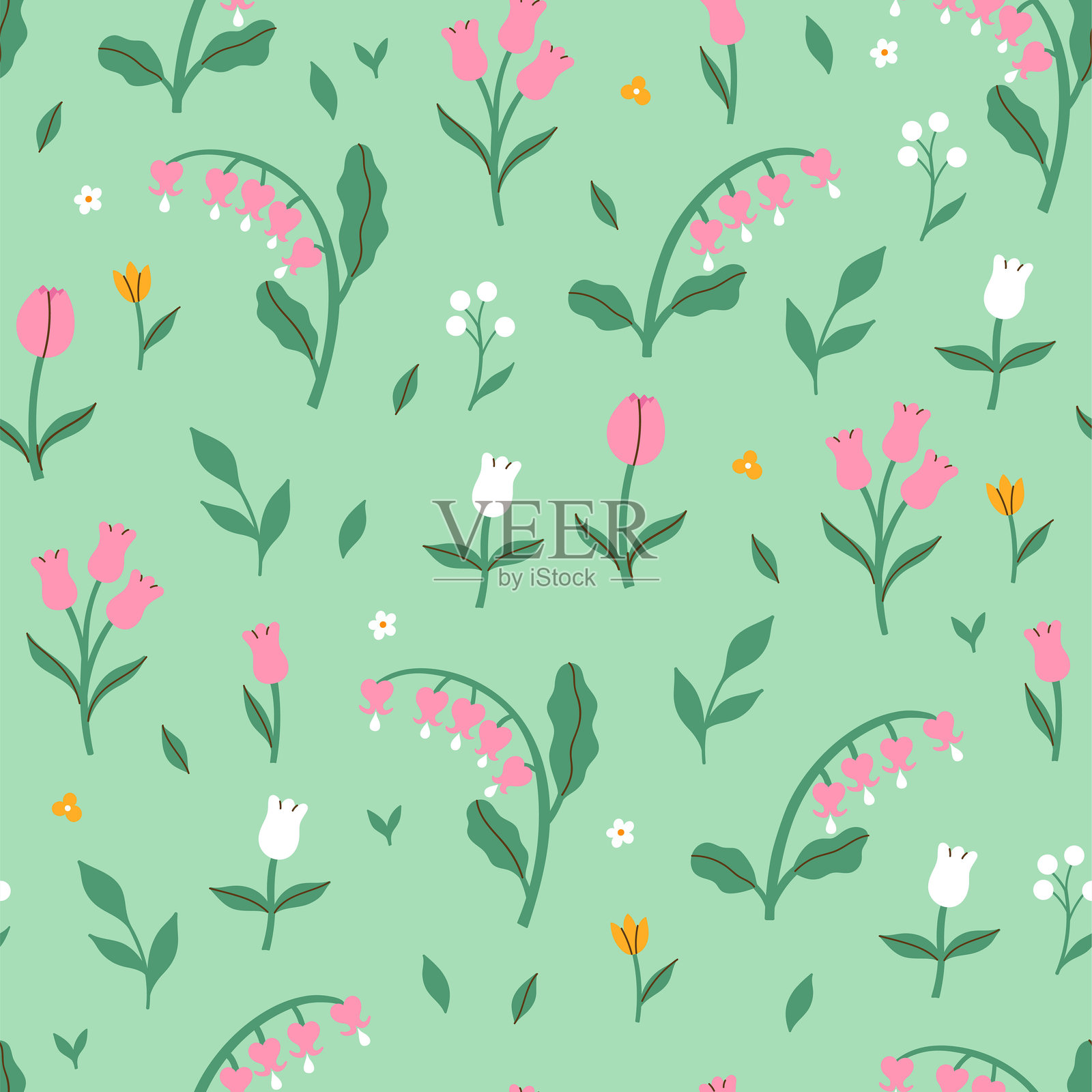 简单的无缝图案,粉色花朵在浅绿色背景上。矢量图形。插画图片素材