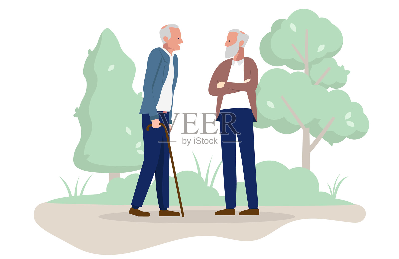 两位退休的老年男性在户外相遇插画图片素材