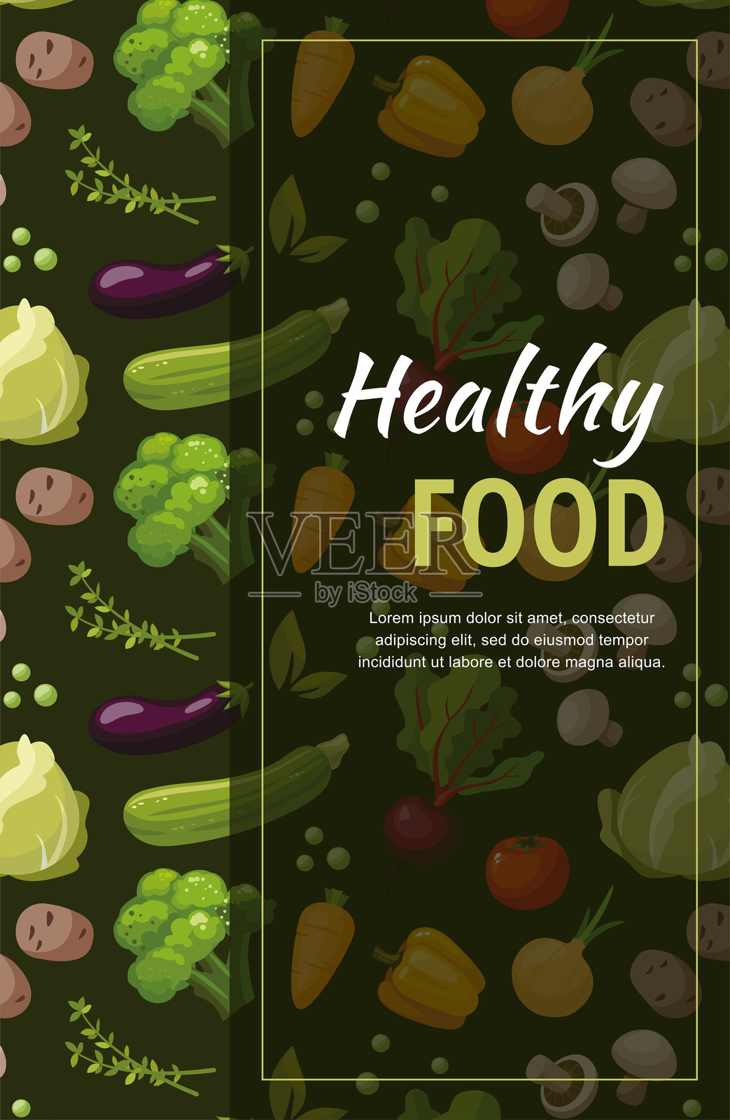 黑色背景上的新鲜蔬菜海报模板和文字。健康饮食概念。插画图片素材