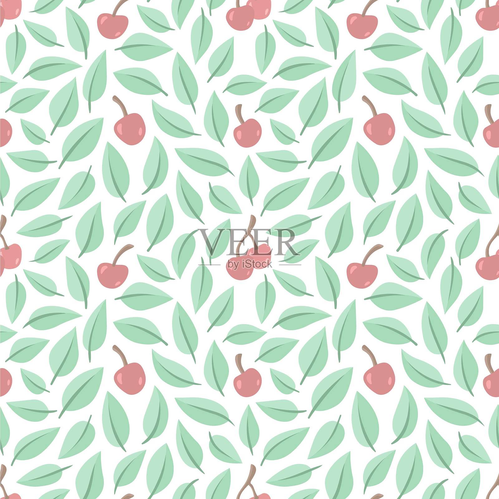 樱桃和叶子的无缝图案插画图片素材