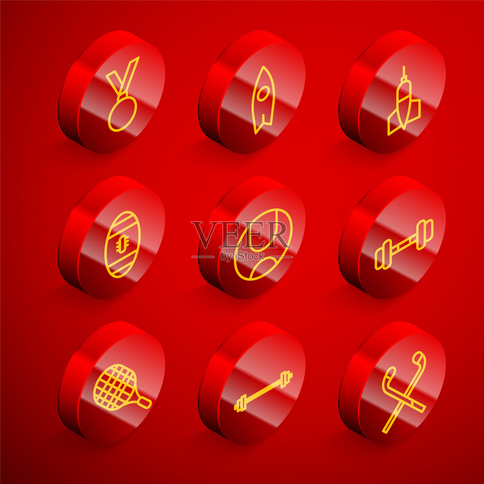 奖牌、冲浪板、飞镖箭、美国足球、网球、哑铃、球拍和杠铃图标。矢量图。插画图片素材