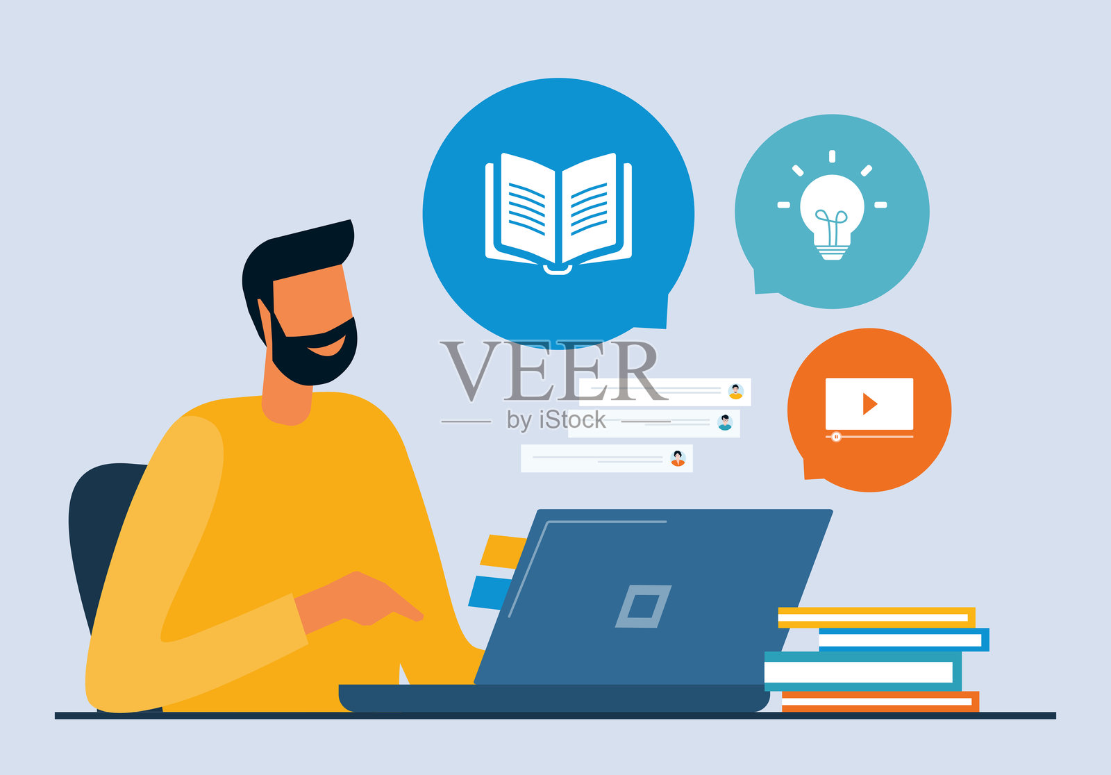 在线教育业务。一名男子在笔记本电脑上工作和学习。扁平插图设计概念插画图片素材