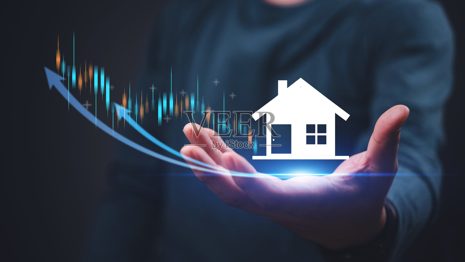 房地产投资概念,展示物业市场投资增长、住房融资和商业成功,伴随财务图表和房价上涨。资产开发的经济分析。照片摄影图片