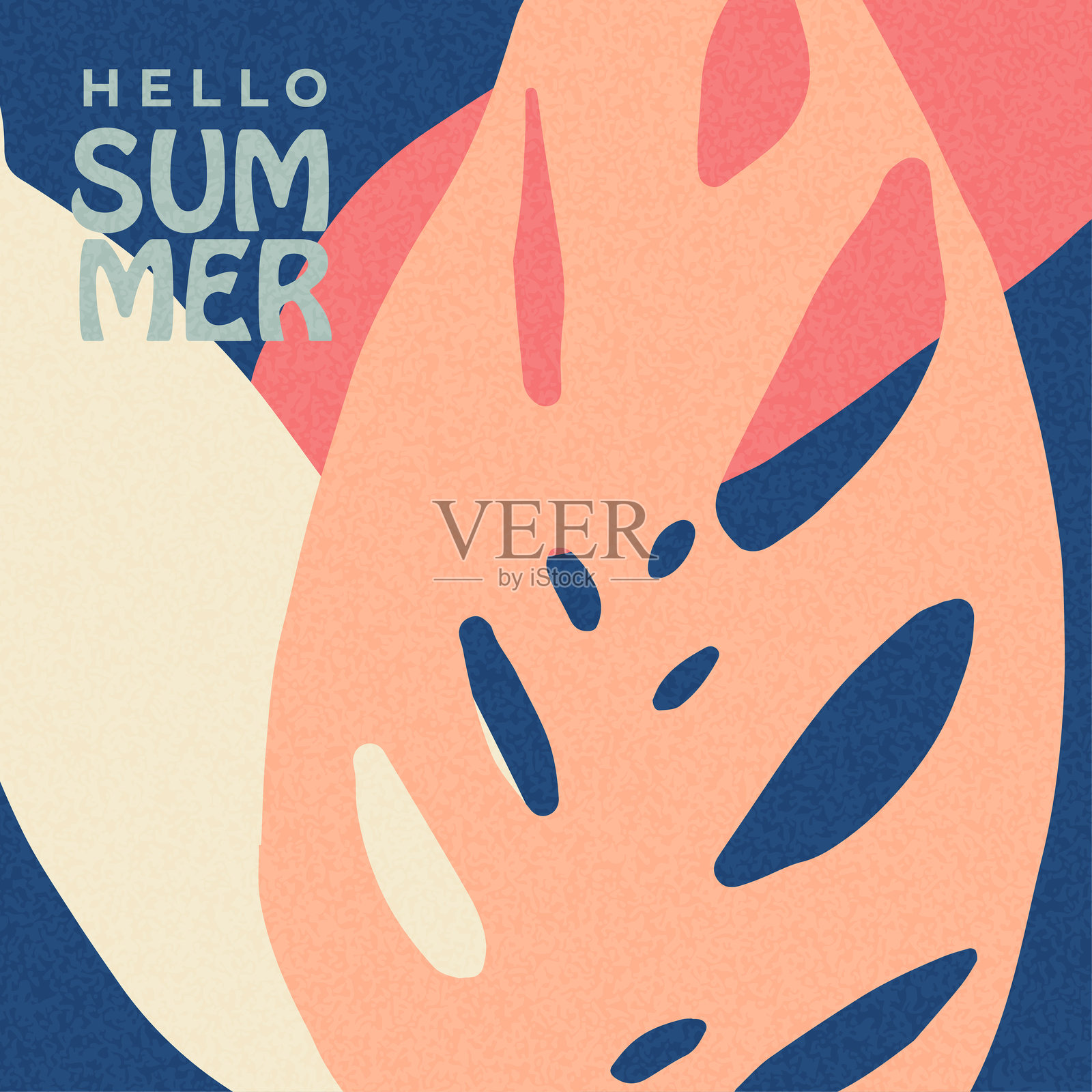 深海军蓝背景上大胆的热带叶子剪影,搭配珊瑚色和米色调。热带夏季贺卡,纹理复古海报。插画图片素材