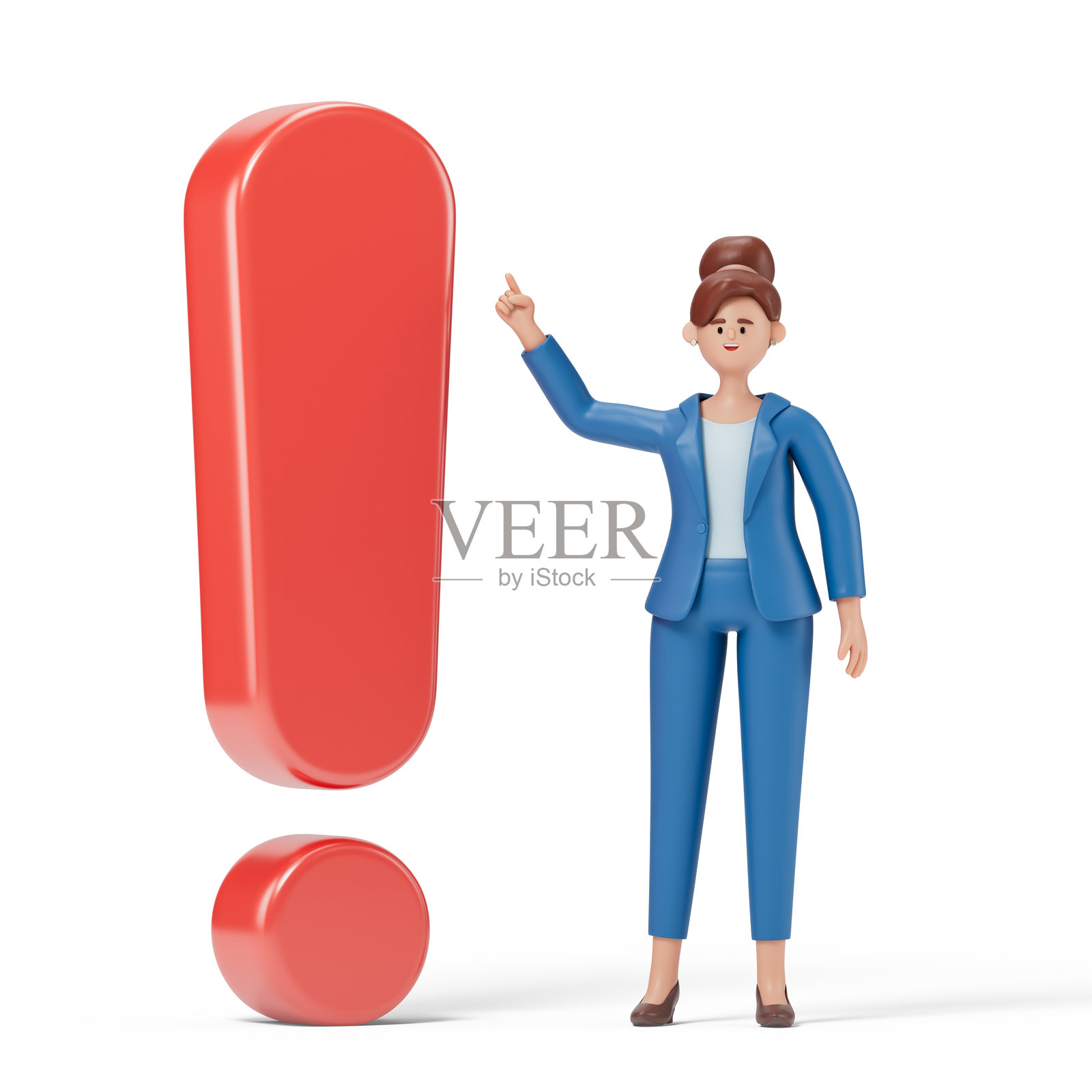 女人指着一个感叹号照片摄影图片